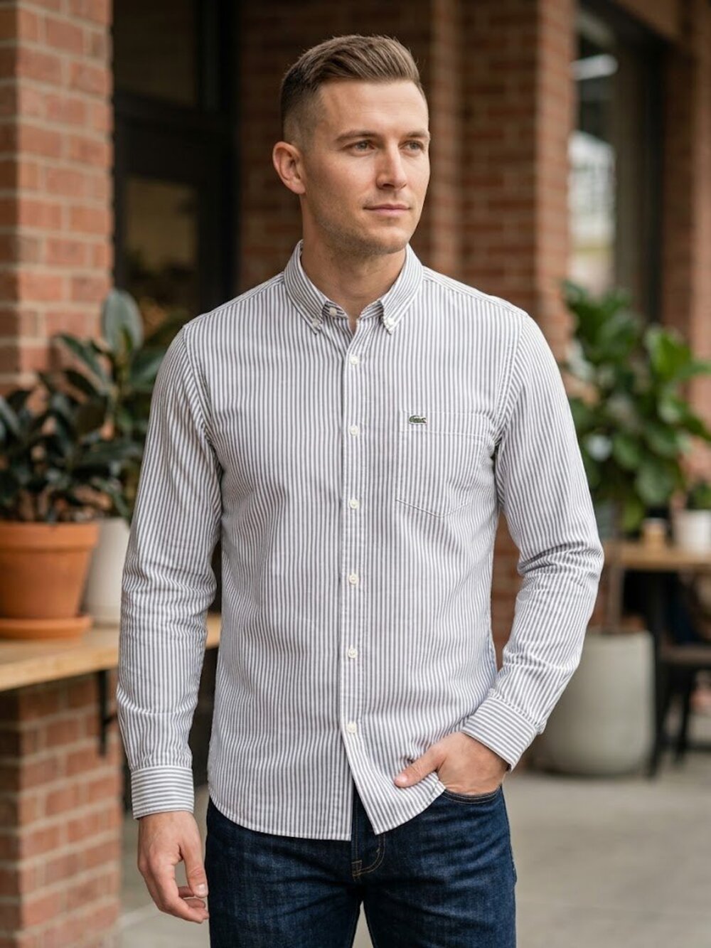 Lacoste Grey White Striped Button Down Shirt FR 4 Mens M-L